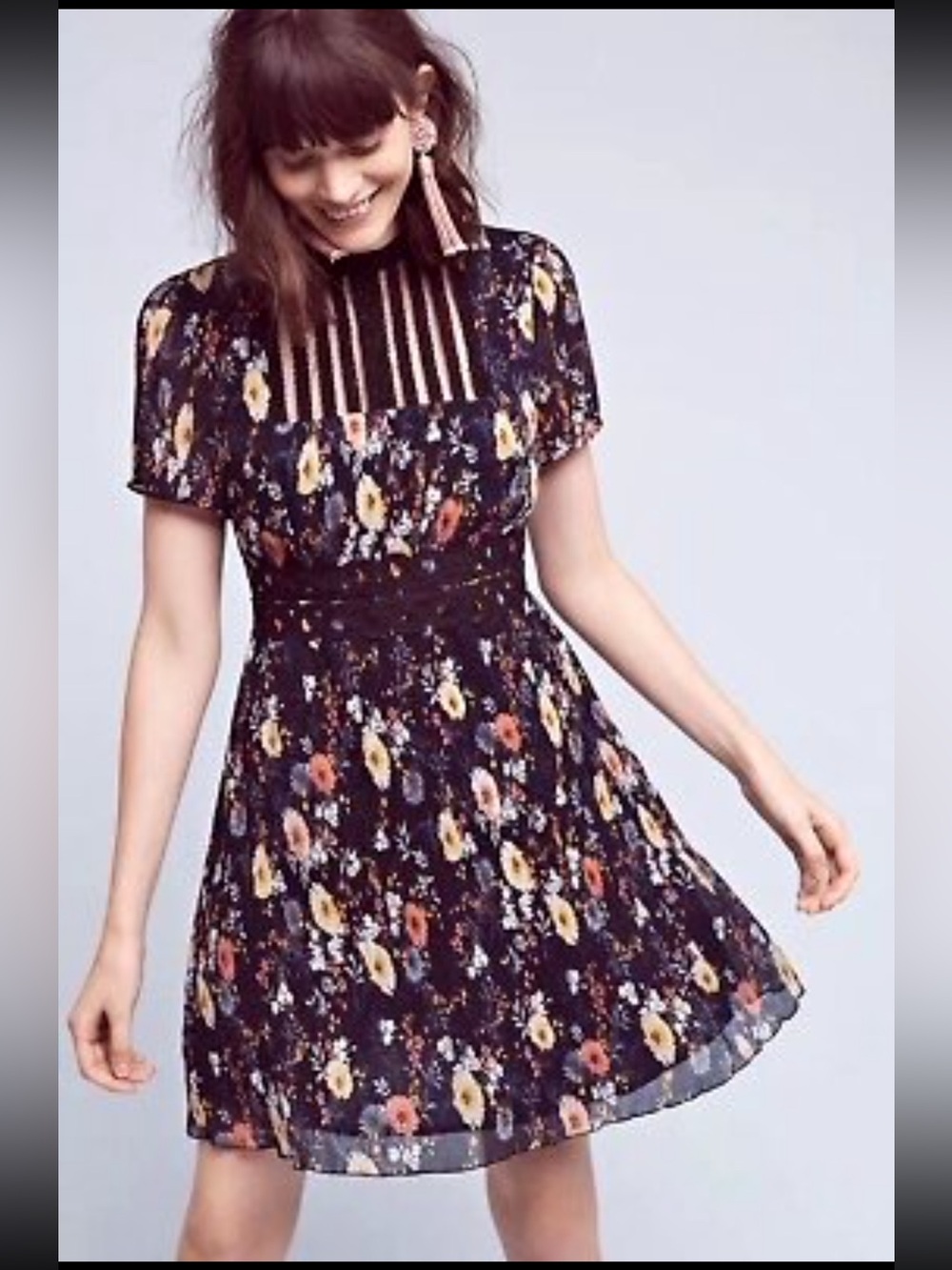 Anthropologie - foxiedox Black Floral Mini Dress with Strappy Yoke